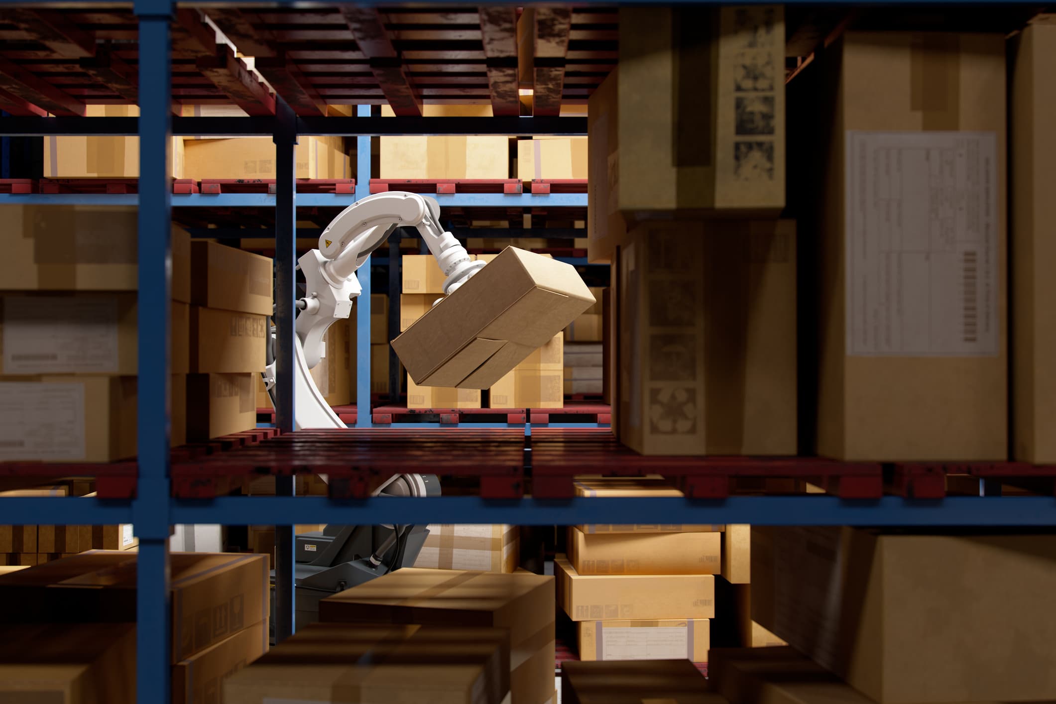 Robotic arm performing tasks in a smart distribution warehouse as part of Supply Chain 4.0, showcasing automation and efficiency in modern logistics.